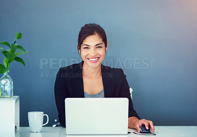 Buy stock photo Business, woman and laptop in office portrait, online review and browsing for project information on company website. Happy, professional and social networking, administrator and schedule planning