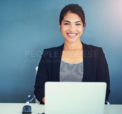 Buy stock photo Portrait, business and woman by laptop, finance and smile by accountant with connection for budget report. Person, consultant or employee by computer, face and happy advisor for internet browsing