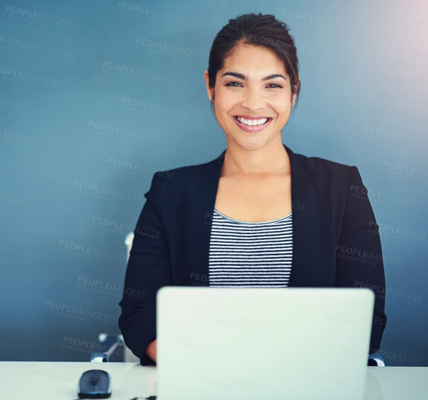 Buy stock photo Portrait, business and woman by laptop, finance and smile by accountant with connection for budget report. Person, consultant or employee by computer, face and happy advisor for internet browsing