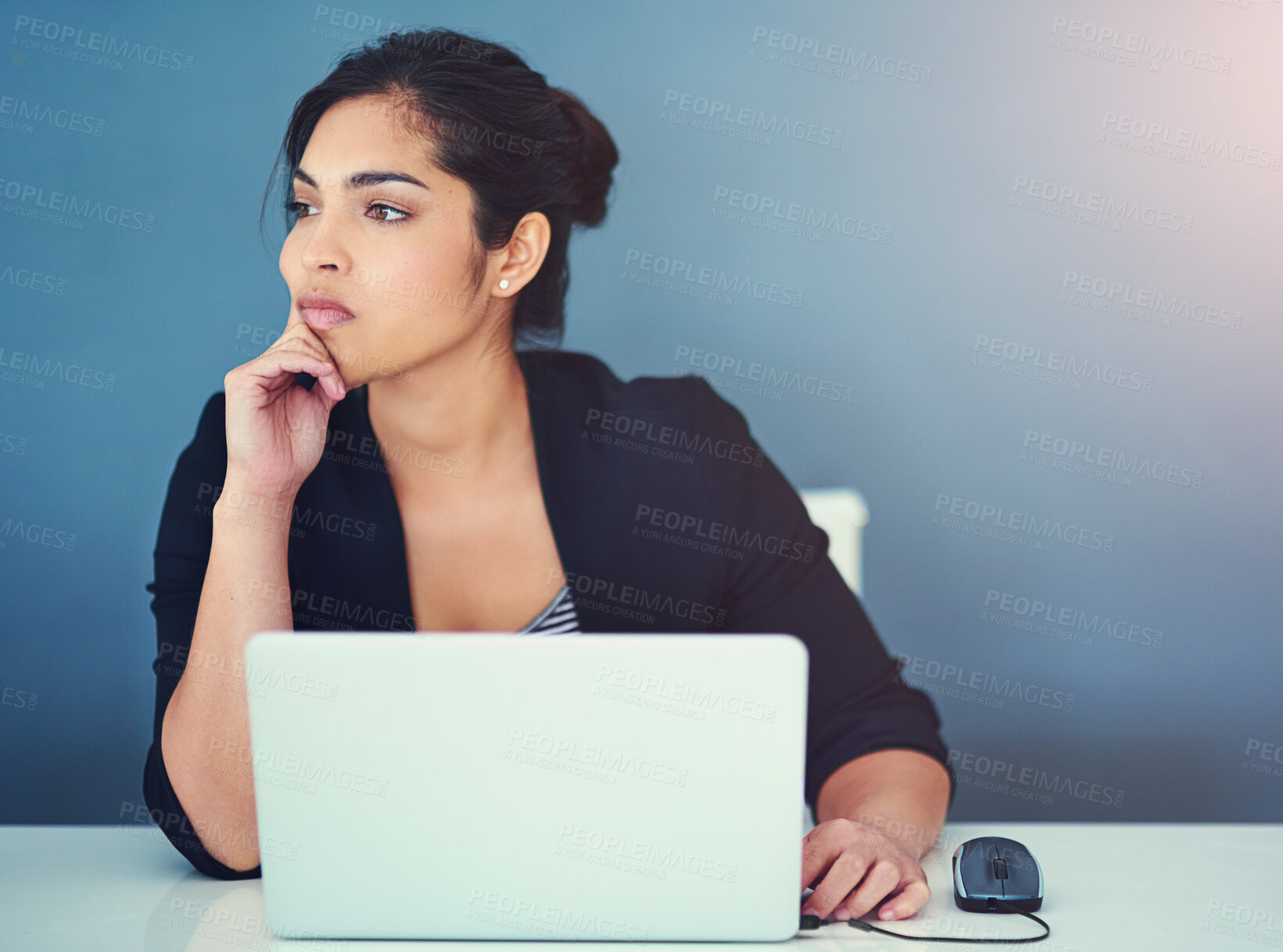 Buy stock photo Business woman, laptop and thinking of solution, ideas or brainstorming on wall background. Bored writer, editor or worker on computer with serious and thoughtful expression for copywriting online