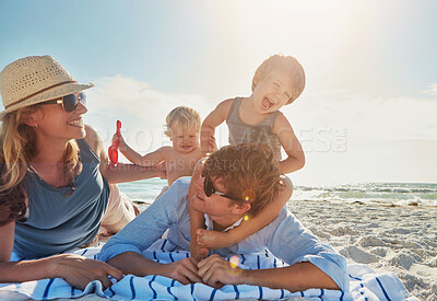 Buy stock photo Woman, man and kids on beach as family on holiday, vacation in Istanbul for happiness or memory. Excited, people and ocean for relax, together and bonding as parents for growth, development and love