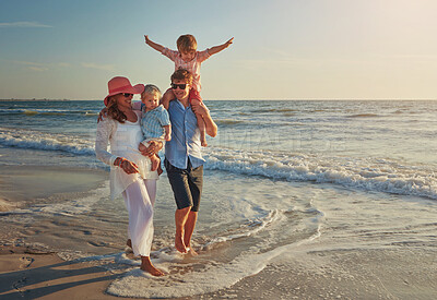 Buy stock photo Family, parents and children on beach trip for holiday fun, vacation and adventure with love. Couple, man and woman and kids on seashore walking with sunset for summer break, support and travel