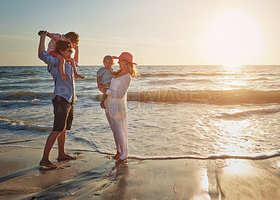 Buy stock photo Vacation, walking and fun for family, beach and bonding in trip, journey and summer in California. Sea, peace and children will parents, waves and water of ocean, couple and man with woman together