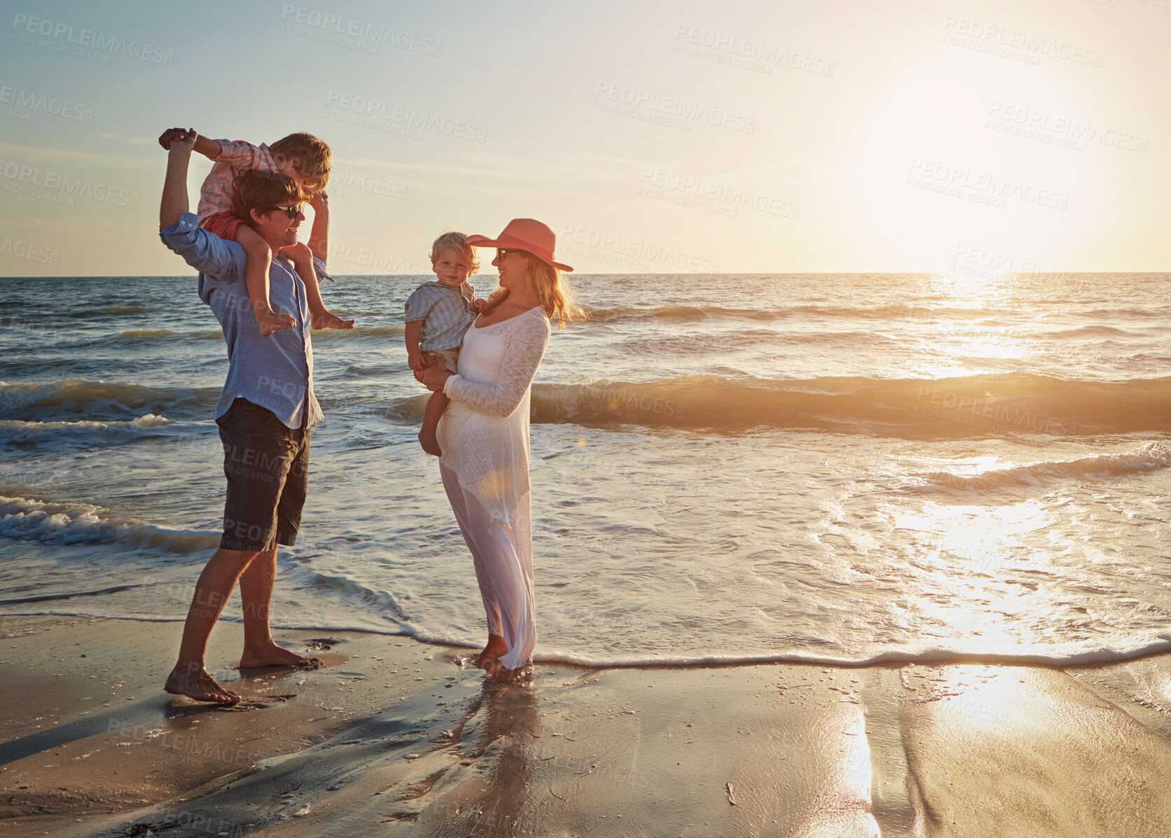 Buy stock photo Vacation, walking and fun for family, beach and bonding in trip, journey and summer in California. Sea, peace and children will parents, waves and water of ocean, couple and man with woman together