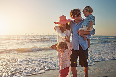 Buy stock photo Happy family, beach holiday and love, ocean for vacation and smile on tropical island. Man, woman and children together with sunglasses for travel for wellness and mockup space at sunset in Mauritius