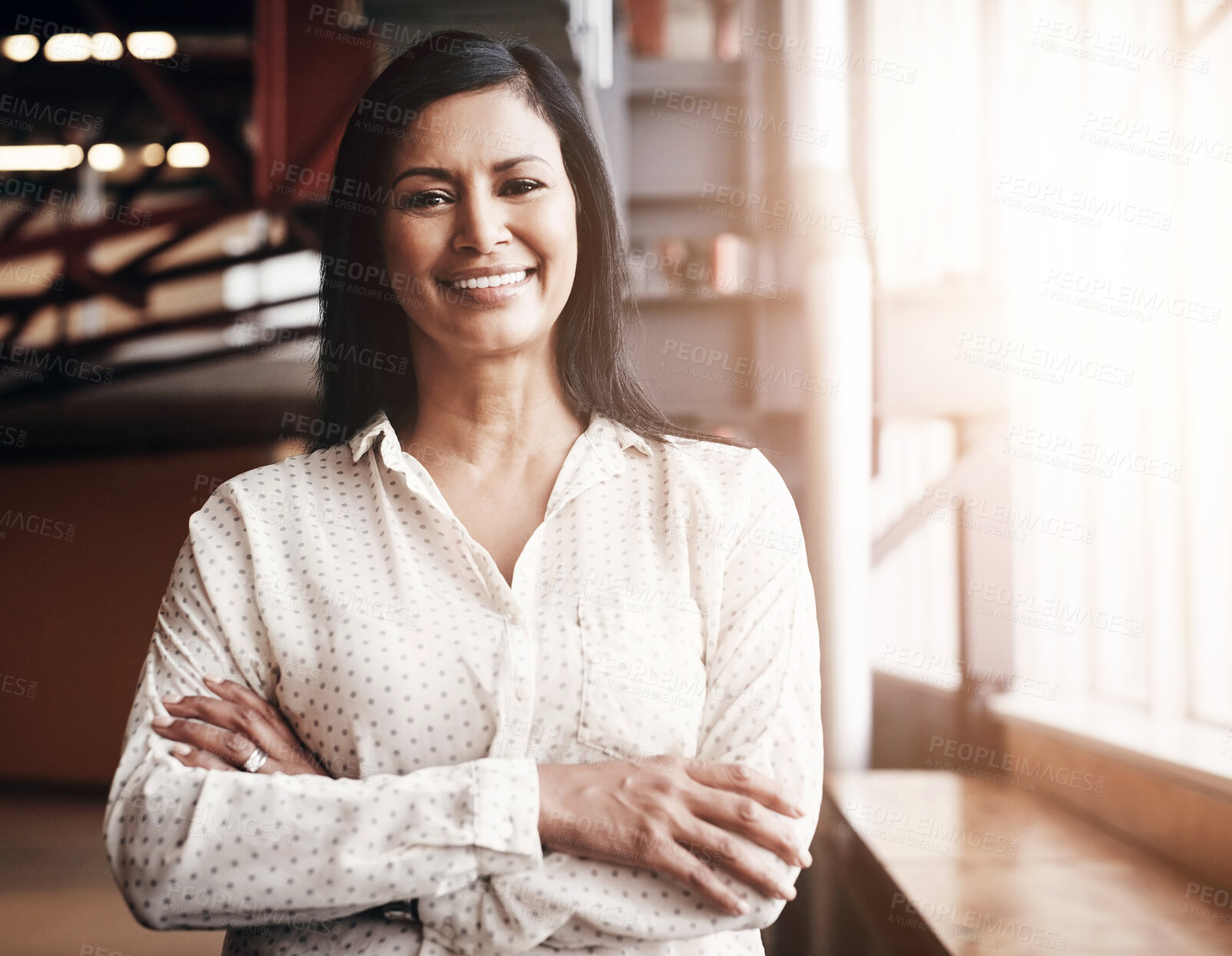 Buy stock photo Smile, crossed arms and portrait of business woman in office with confidence for creative career. Happy, pride and professional female designer with positive attitude for startup company in Colombia.