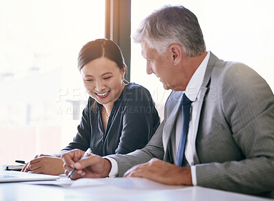 Buy stock photo Business people, contract and signature in meeting for agreement, onboarding or hiring in human resources. Senior boss, manager or employer with paperwork, document and client or new employee for job