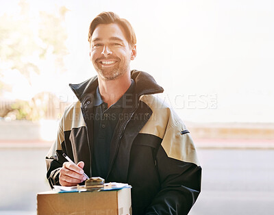 Buy stock photo Delivery man, clipboard and outdoor with box in portrait for e commerce, smile on street for fast service. Male person, logistics or cardboard container with pen for signature, shipping with document