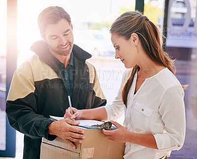 Buy stock photo Woman, package and signing delivery with courier for drop off with receipt for company with lens flare. Summer, business and parcel for customer in workplace with writing for order confirmation.