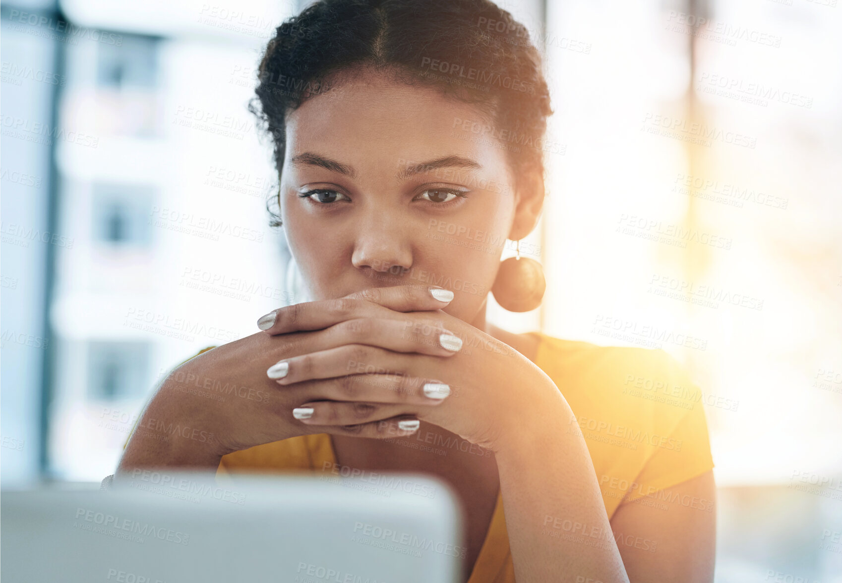 Buy stock photo Woman, laptop and research with problem solving or thinking, process or idea for startup. Female entrepreneur, computer and planning for business with contemplation, thought for web design company