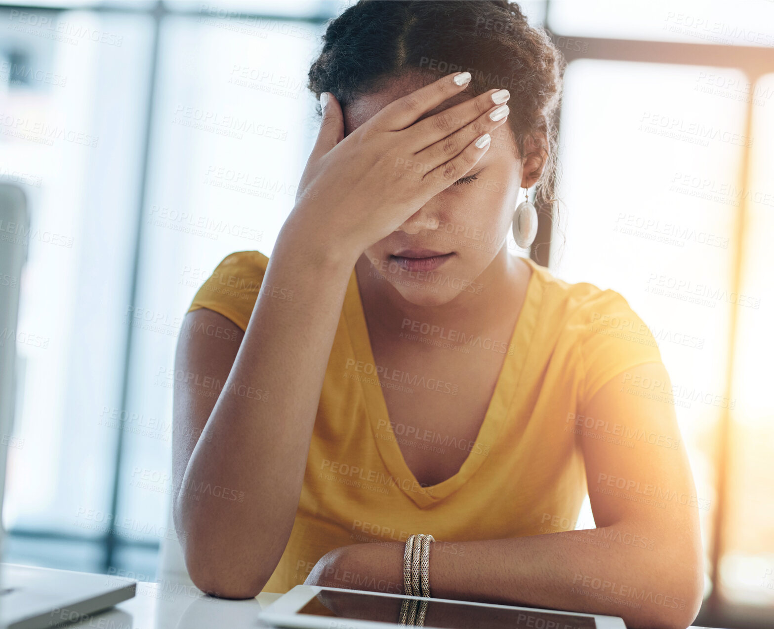 Buy stock photo Anxiety, tablet and woman with office, headache and 404 error with pain or web problem. Frustrated, fatigue and tired girl with burnout, stress and deadline for time management crisis at desk