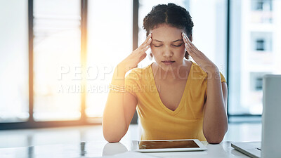 Buy stock photo Stress headache, tablet and woman in office, exhausted with 404 error, pain or web problem. Frustrated, fatigue and tired girl with burnout, anxiety and deadline for time management crisis at desk