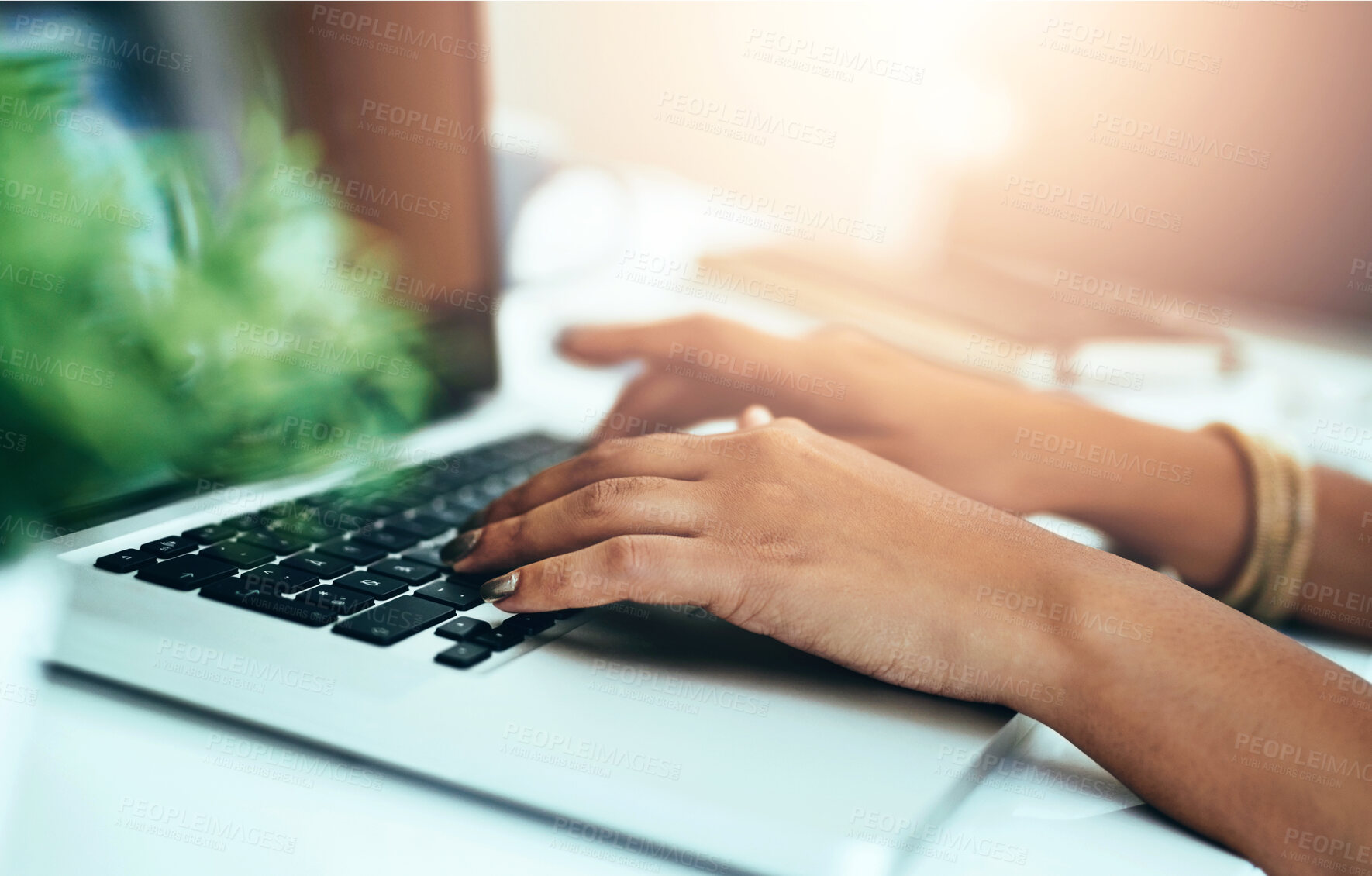 Buy stock photo Business, hands and woman with keyboard, laptop and typing for research, financial advisor and connection. Closeup, person or employee with computer, website info and digital design for budget layout