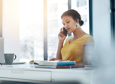 Buy stock photo Woman, office and laptop with phone call for business, planning for website development or startup company. Female entrepreneur, happy and communication with mobile tech, conversation in workplace