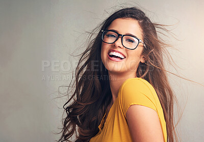 Buy stock photo Woman, portrait and happy with glasses in studio background as prescription, eyewear and eyesight. Female person, smile and satisfied or confident with frame for spectacles, lens and service