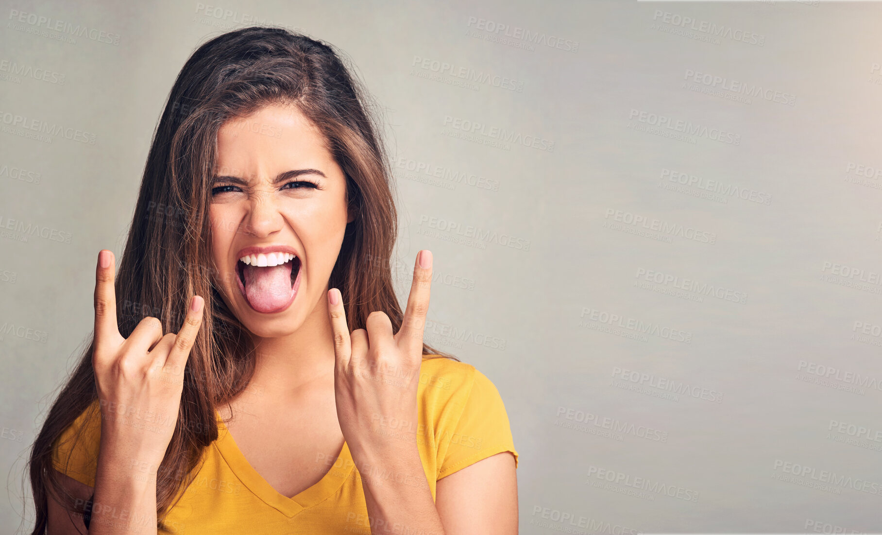 Buy stock photo Woman, portrait and rock gesture with hands in studio for grunge sign, rockstar or devil horns on white background. Crazy, aesthetic and female model for emoji, punk icon or rebel symbol on mockup