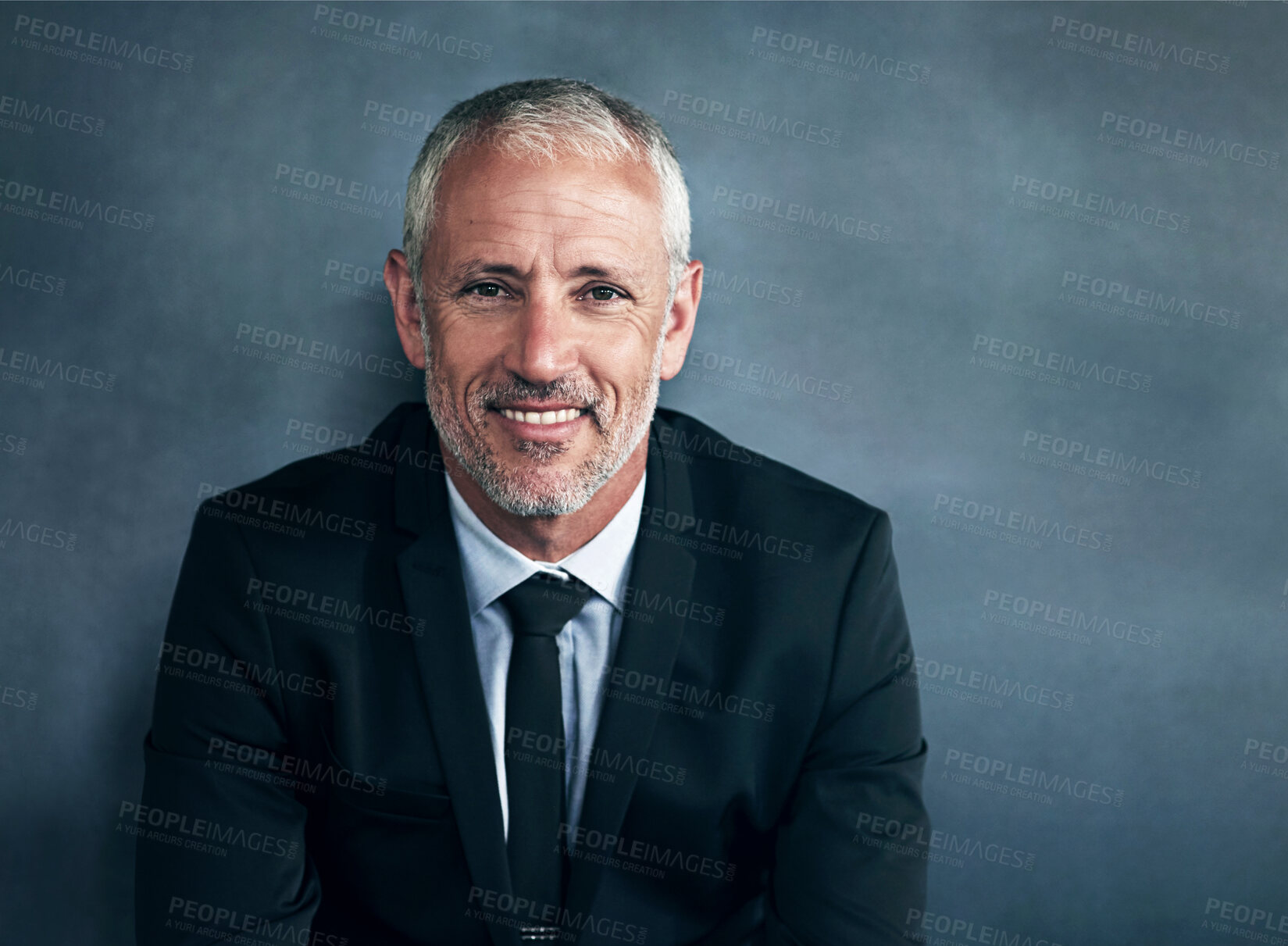 Buy stock photo Professional, businessman and mature portrait on wall background, finance manager and cfo with company pride. Corporate, happy and smile with confidence in career, mock up and male accountant