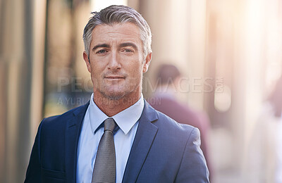 Buy stock photo Portrait, business and man in city, employee and financial consultant with confidence, career ambition and New York. Face, accounting and person in street, economy analyst and confidence with pride