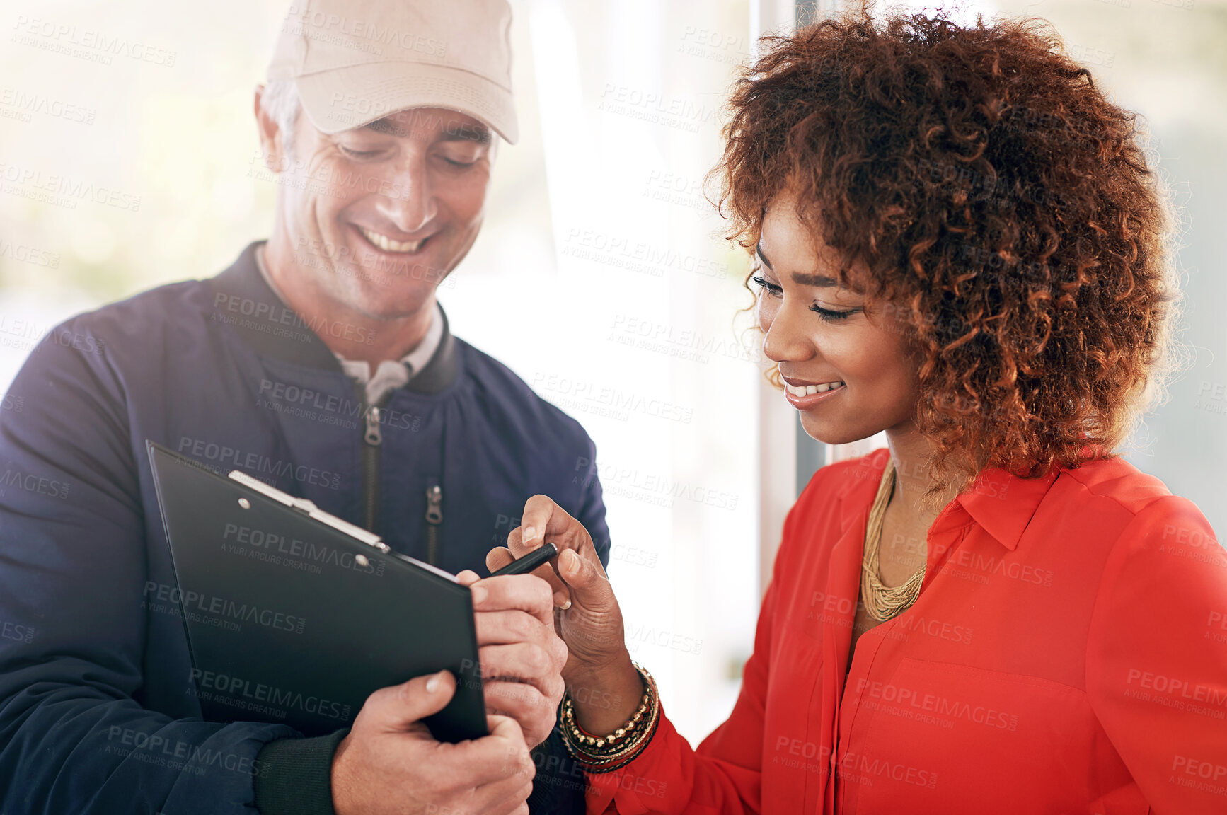 Buy stock photo Delivery man, woman and signature with clipboard for company, package paperwork and supplier for service. Purchase, home and product for online shopping order by logistics worker, courier or mail