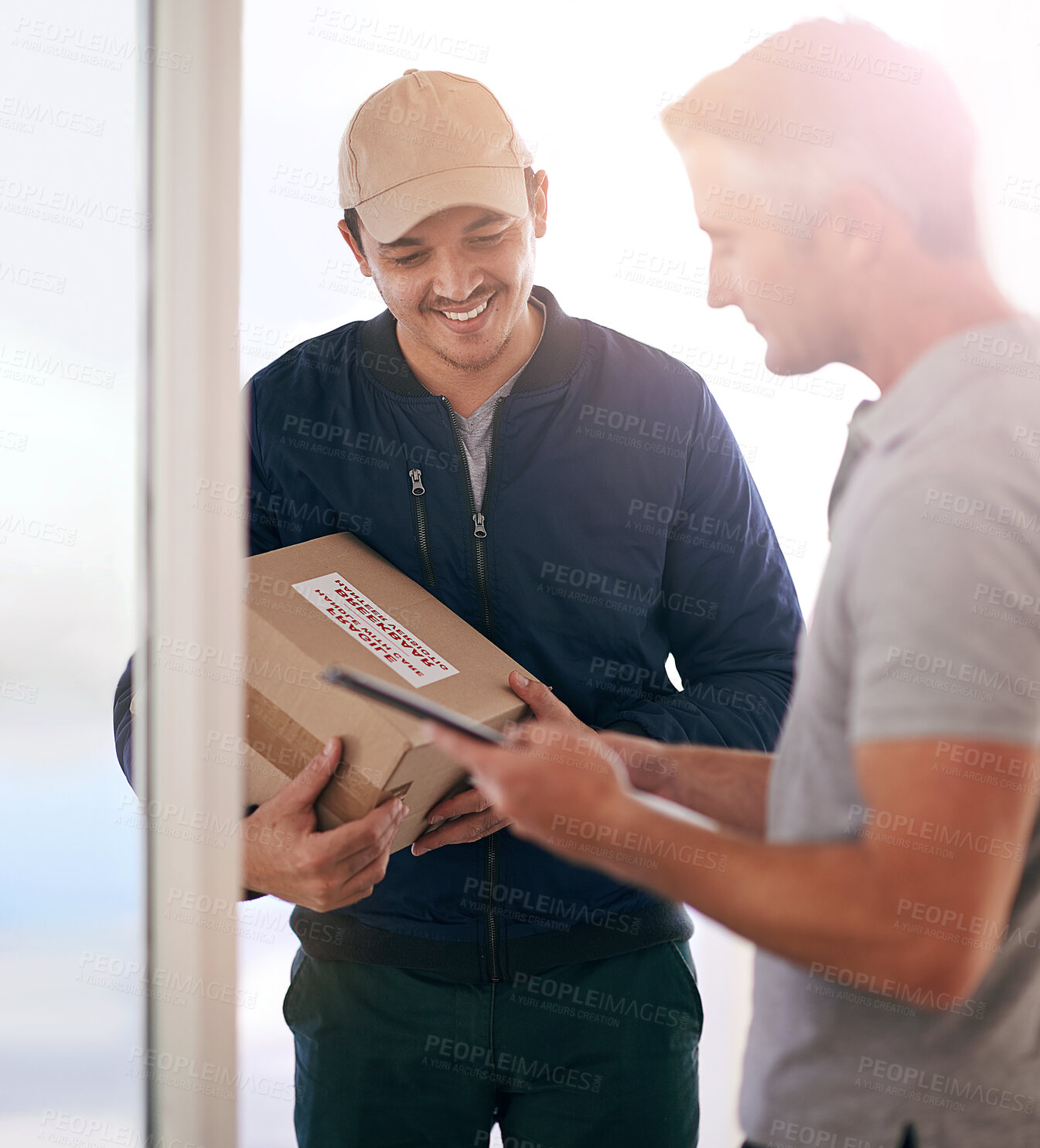 Buy stock photo Delivery man, cargo and distribution with clipboard for shipping, box for shipment and supplier for service. Purchase, parcel or reading for online shopping order by logistics worker, courier or mail