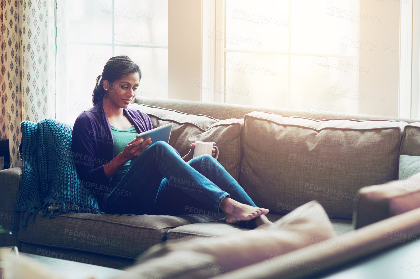 Buy stock photo Woman, house and reading tablet for relax on sofa, scroll on internet or social media. Female person, mobile technology and living room with research and happiness, online blog or email communication