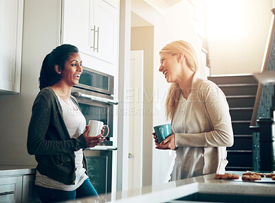 Buy stock photo Coffee, conversation and morning with friends in kitchen of apartment together for bonding. Diversity, drink and funny with happy roommate people in laughing apartment for comedy, humor or joking