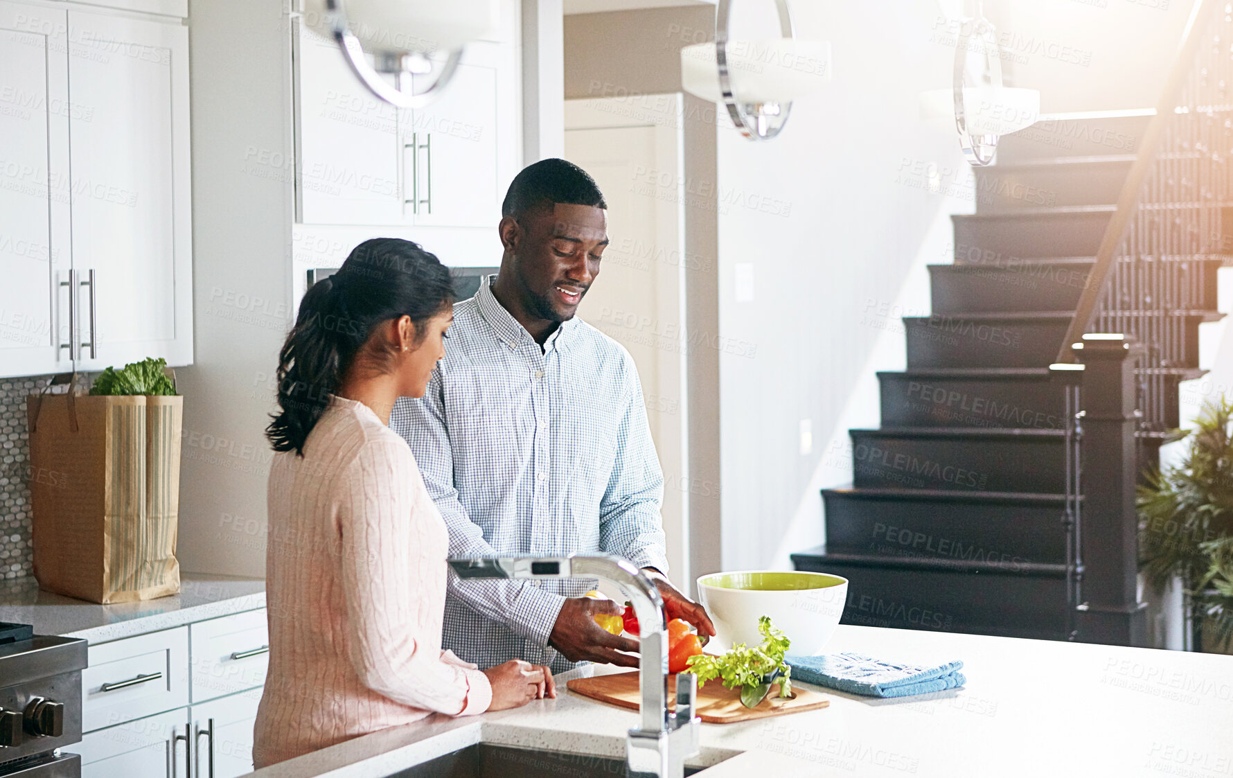 Buy stock photo Couple, salad and cooking in kitchen for meal, love and vegetables for nutrition dinner. People, marriage and ingredients for food in home, bonding and vegan diet or health on weekend for wellness