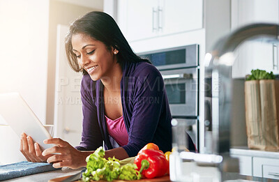 Buy stock photo Smile, vegetables and woman with tablet in kitchen for online, information or recipe for cooking food. Internet, person and ingredient with tech at home for meal prep, digital instructions and dinner