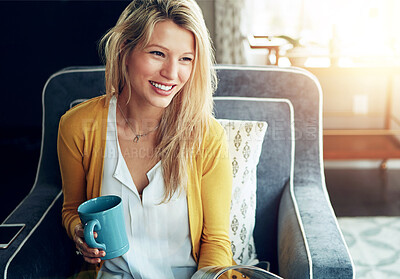 Buy stock photo Happy woman, lounge and coffee break with thinking, relax or ideas as interior designer for architecture firm. Female person, smile and rest in home for calm, stress management or peace as consultant