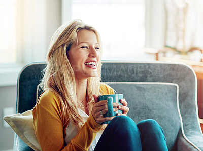 Buy stock photo Happy, coffee and woman on sofa in home for relaxing, chill and calm with drink, beverage and cappuccino. Smile, morning and person with cup, tea and mug in living room for wellness, rest and break