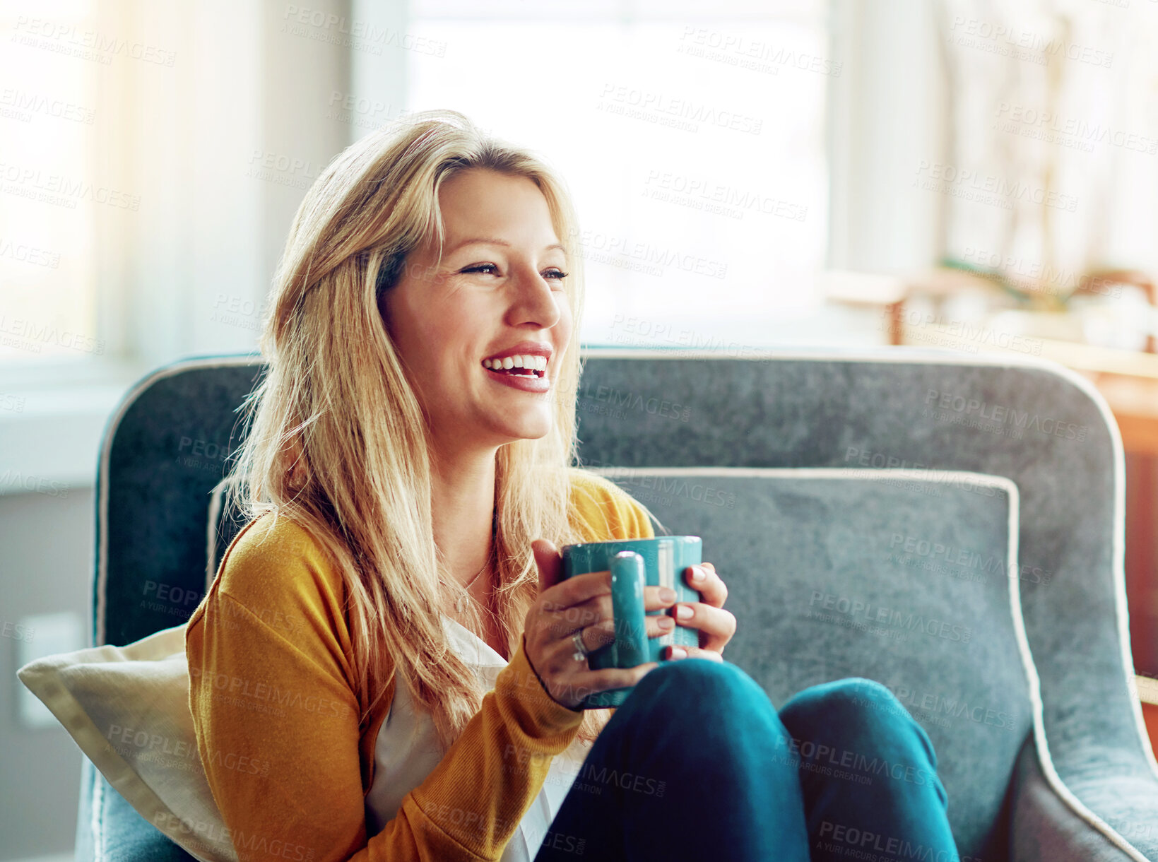 Buy stock photo Happy, coffee and woman on sofa in home for relaxing, chill and calm with drink, beverage and cappuccino. Smile, morning and person with cup, tea and mug in living room for wellness, rest and break