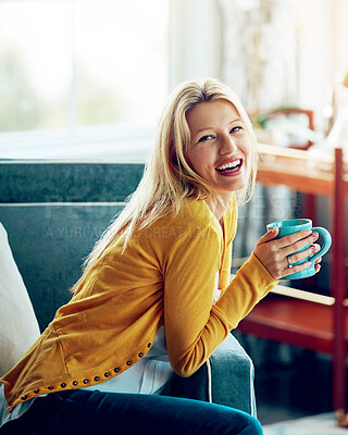 Buy stock photo Portrait, morning and couch for woman, coffee and smile in home, relax and warm in apartment and enjoy. House, tea and girl on sofa, rest and breakfast of drink, happy and calm for hot chocolate