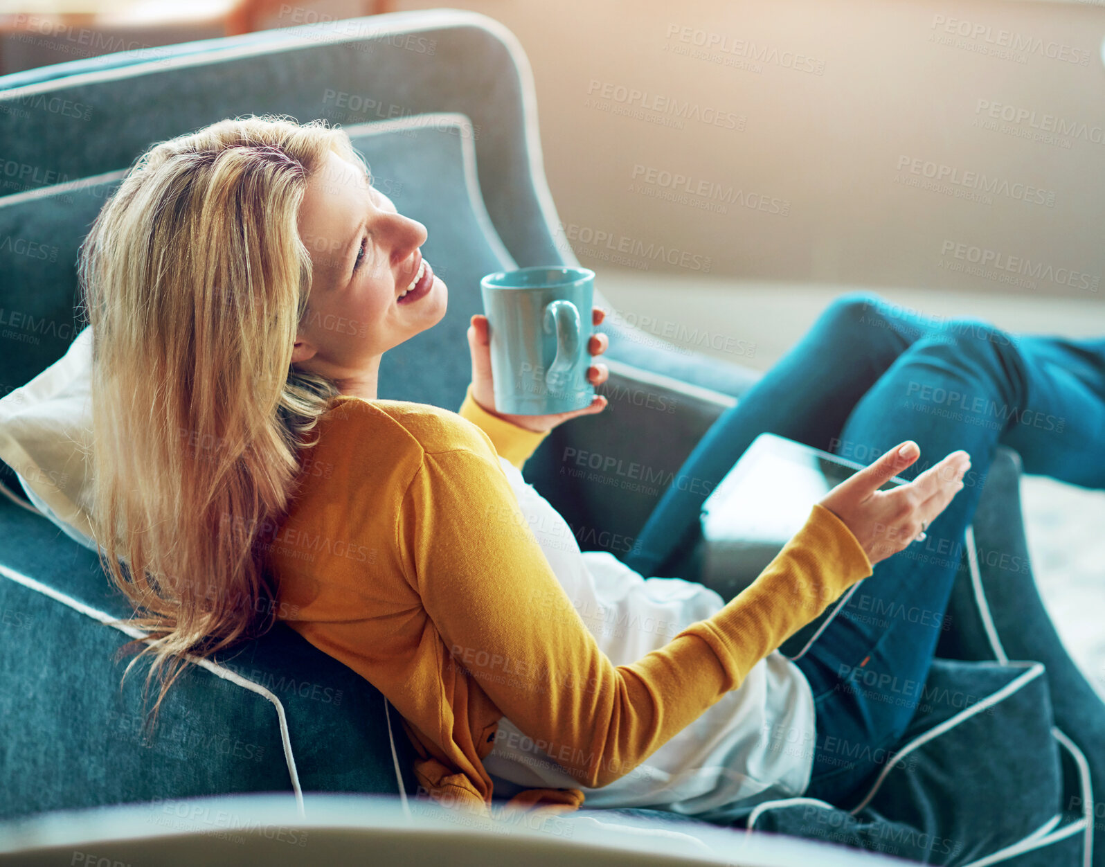 Buy stock photo Woman, back and relax on sofa with tablet with coffee, happy and living room of home for browsing online. Searching, streaming and blog in apartment with connection, communication and social media