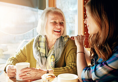 Buy stock photo Happy, daughter and senior woman in cafe for bonding together with caffeine, morning or relax. Restaurant, coffee shop and people with discussion, conversation and smiling family with love in Paris