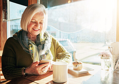 Buy stock photo Senior woman, smartphone and coffee in cafe for breakfast, app and digital menu with happiness in city. Elderly person, smile and tea in Sweden at restaurant with phone for email, chat and internet