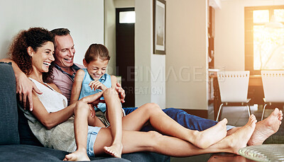 Buy stock photo Woman, man and child in laughing as family on weekend, break at home for happiness or memory. Excited, people and lounge for relax, together and bonding as parents for growth, development and love
