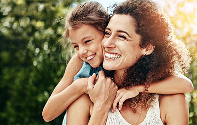 Buy stock photo Happy, woman and child hug outdoor with bonding, care or support for security trust at family home backyard. Smile, mother and girl for embrace moment, love and sunshine vacation of childhood memory