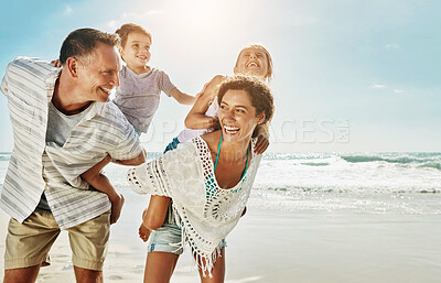 Buy stock photo Love, happy family and piggyback at a beach for summer fun, care and bonding on vacation in nature. Freedom, support and kids with parents at sea for travel, playing and back ride games in Florida