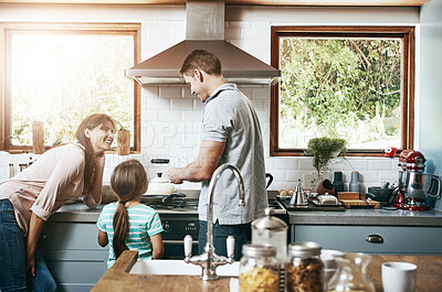 Buy stock photo Breakfast, cooking and food with family in kitchen of home together for diet, health or nutrition. Happy, love or smile with mother, father and daughter in apartment for morning meal preparation