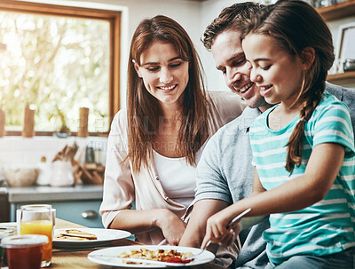 Buy stock photo Breakfast, eating and happy family with girl in home for lunch, food and meal together for nutrition. Wellness, parents and mother with father, kid or child in house for bonding, relationship or love