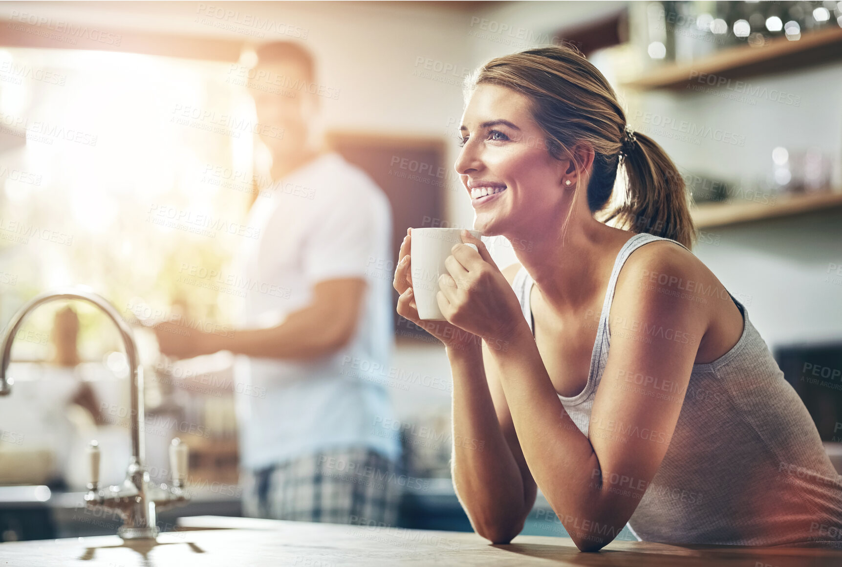 Buy stock photo Dream, drinking coffee and happy woman in home kitchen for relax, peace or calm in morning. Smile, tea cup and person thinking of planning future, idea or vision of decision with partner in apartment