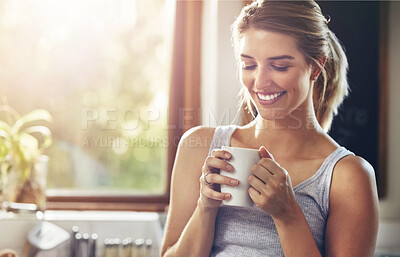 Buy stock photo Home, smile and woman with coffee in morning for caffeine, beverage and start of day on weekend. Calm, female person and thinking in kitchen with warm drink for peace, satisfaction and happiness