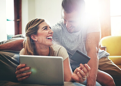 Buy stock photo Happy, tablet or couple laughing with credit card for ecommerce sale or order choice on fintech website. Home,  smile or people on financial app for online shopping, easy payment or internet banking