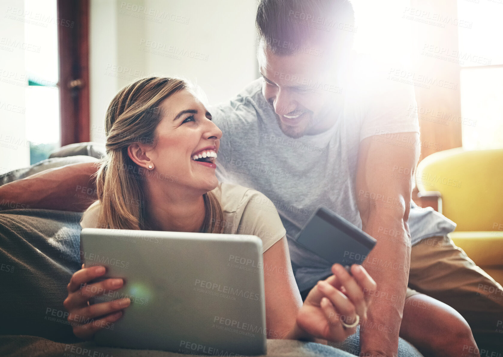 Buy stock photo Happy, tablet or couple laughing with credit card for ecommerce sale or order choice on fintech website. Home,  smile or people on financial app for online shopping, easy payment or internet banking