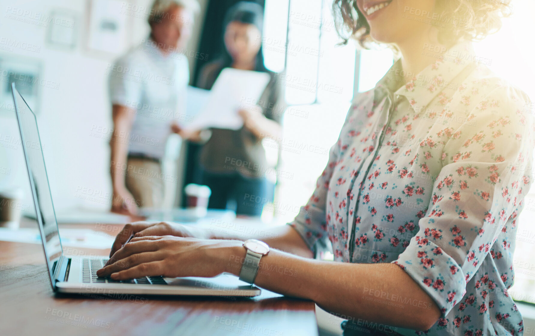 Buy stock photo Typing, laptop and business woman in office for schedule meeting, email or update calendar. Receptionist, hands and secretary at desk for communication, connection or review proposal with lens flare