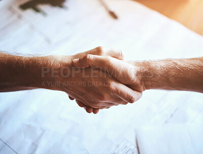 Buy stock photo Shaking hands, agreement and deal in meeting for architecture, people and negotiation for business contract. Greeting, success and together for hiring at engineering company with collaboration