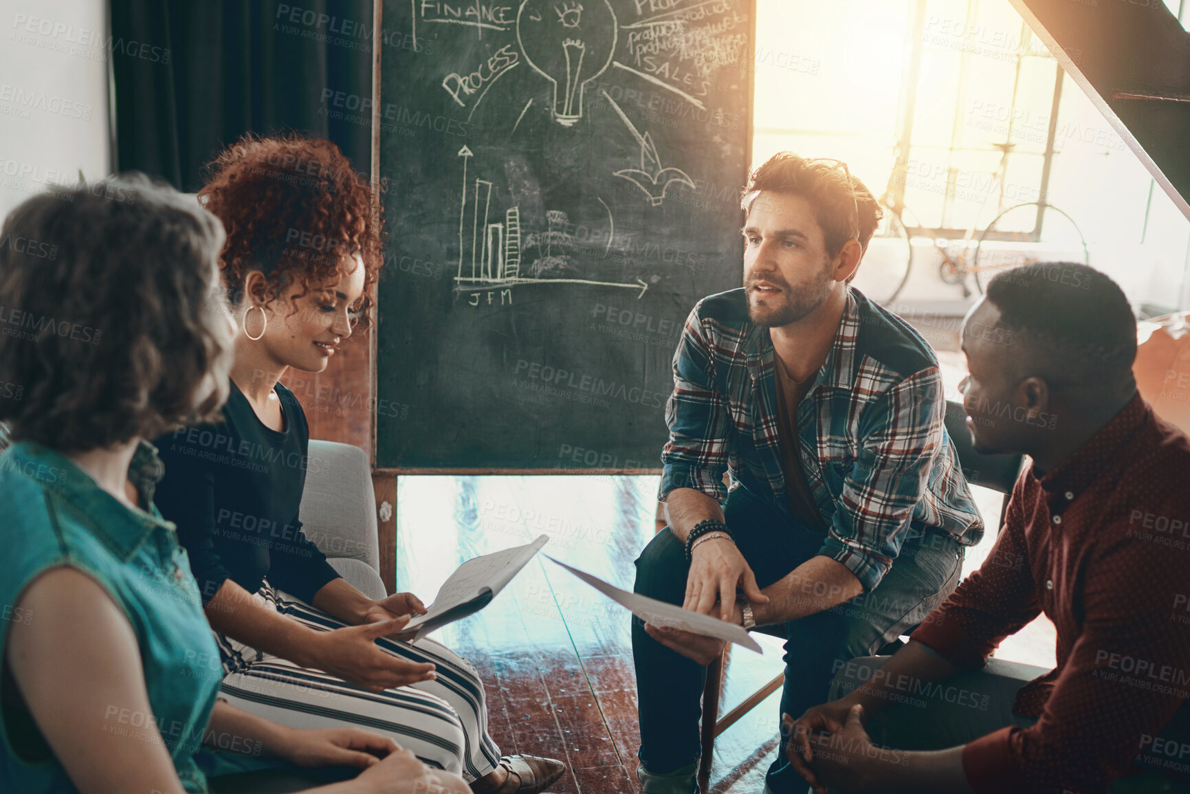 Buy stock photo Meeting, team discussion and people in creative agency with brainstorming, planning strategy and ideas. Workplace diversity, design staff and collaboration talk for project review or feedback