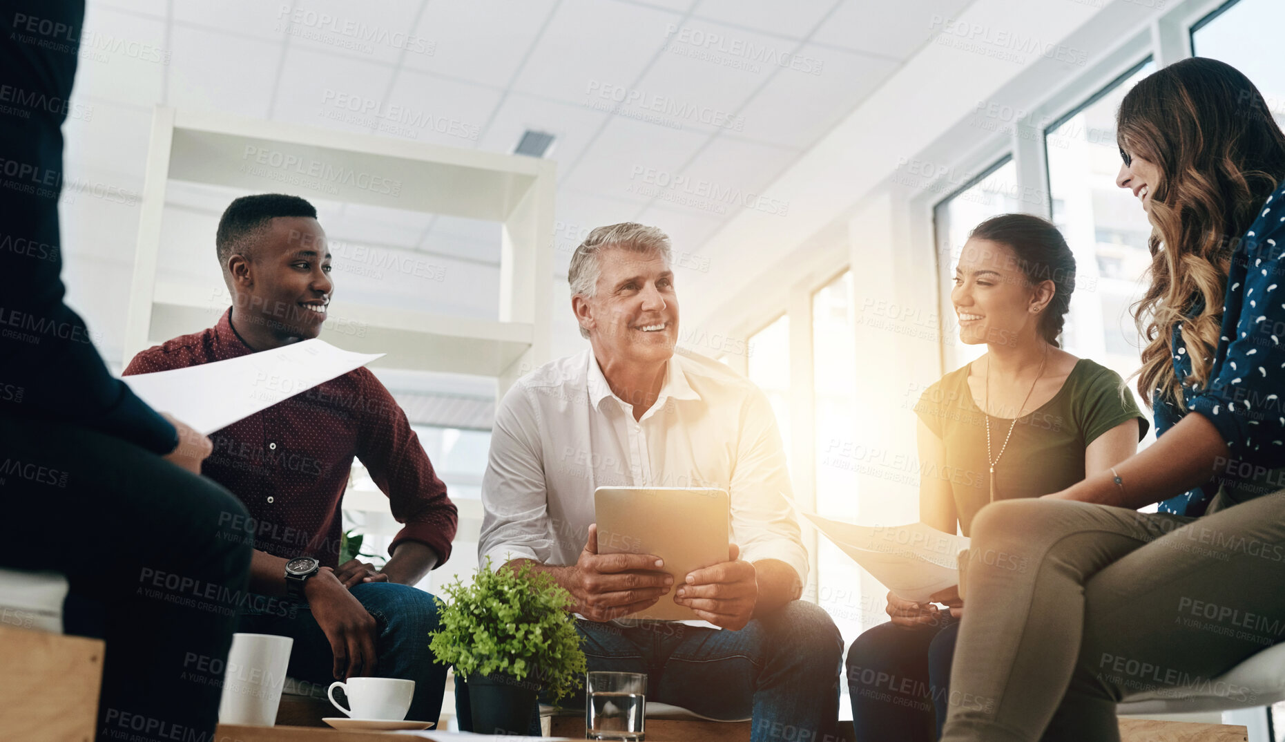 Buy stock photo Management, meeting and tablet with group of business people in office together for training workshop. Leadership, planning and seminar with employee team in workplace for upskill development