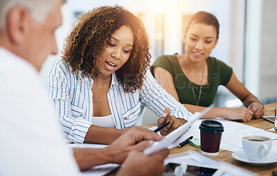 Buy stock photo Paperwork, discussion and business people in meeting for planning, strategy and ideas in office. Teamwork, collaboration and group of workers in conversation for financial review, survey and project