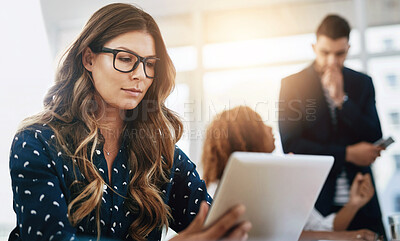 Buy stock photo Business people, office and woman in tablet, internet and typing with social media, company website and professional. Employee, staff and consultant with tech, worker and email notification with app